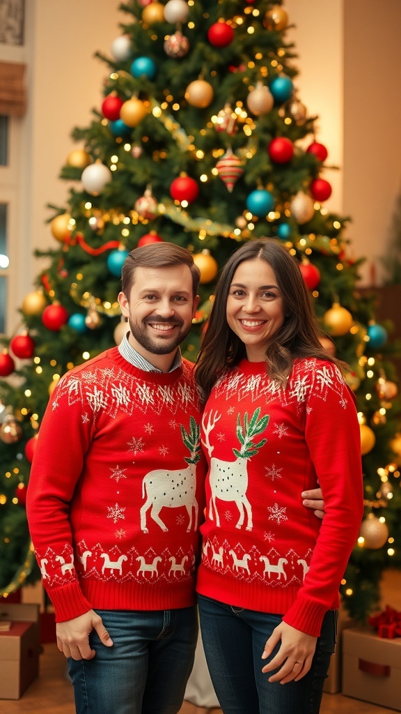 Matching Christmas Profile Pictures for Couples A couple in matching Christmas sweaters in front of a decorated tree, smiling and celebrating the holiday spirit.